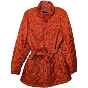 Lands End Womens OX / 14W Plus‎ Orange Quilted Belted Puffer Coat Jacket Fall